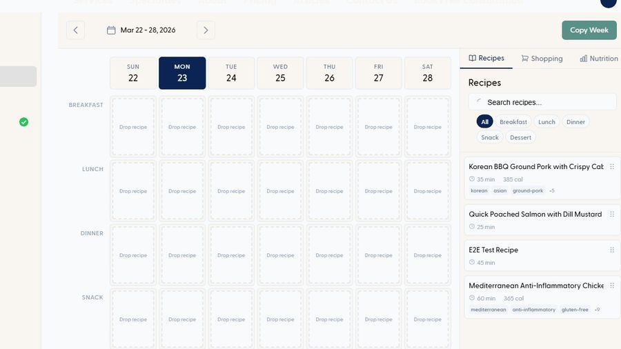 Weekly meal planning calendar with drag-and-drop recipe scheduling