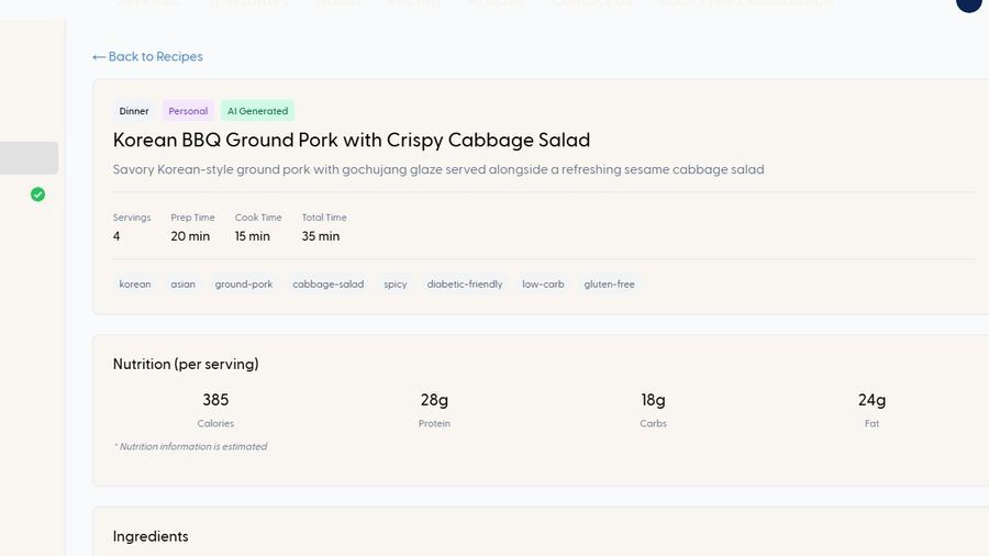 AI-generated recipe with nutrition details and ingredient tracking